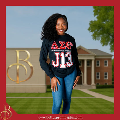 Delta Sigma Theta ΔΣΘ J13 GLITTER Screen Printed Long Sleeve T-Shirt-Delta Sigma Theta Paraphernalia-Delta Sigma Theta T-Shirts-Betty's Promos Plus
