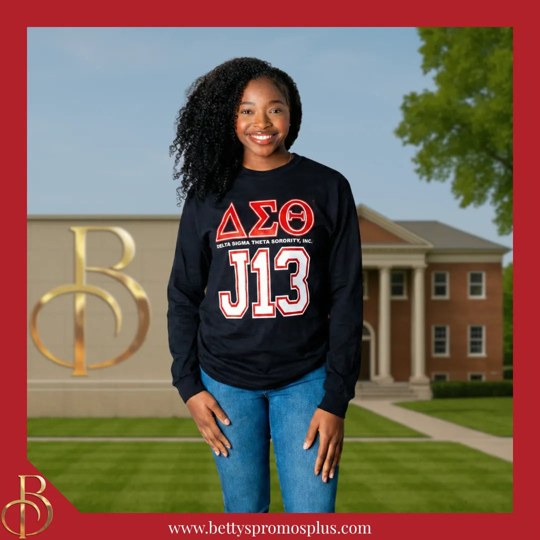 Delta Sigma Theta ΔΣΘ J13 GLITTER Screen Printed Long Sleeve T-Shirt-Delta Sigma Theta Paraphernalia-Delta Sigma Theta T-Shirts-Betty's Promos Plus