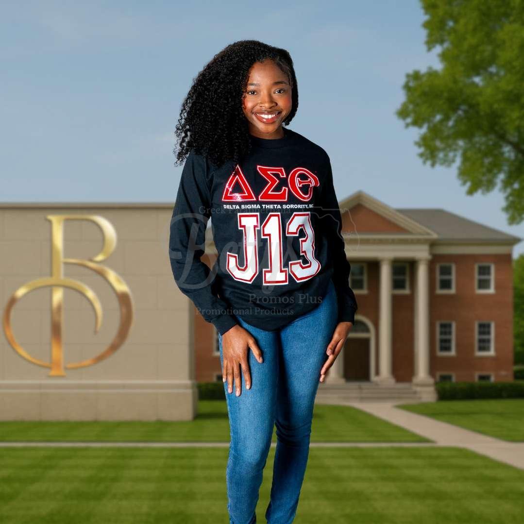 Delta Sigma Theta ΔΣΘ J13 GLITTER Screen Printed Long Sleeve T-Shirt-Delta Sigma Theta Paraphernalia-Delta Sigma Theta T-Shirts-Betty's Promos Plus