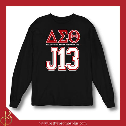 Delta Sigma Theta ΔΣΘ J13 Screen Printed Long Sleeve T-Shirt-Black-Small-Delta Sigma Theta Paraphernalia-Delta Sigma Theta T-Shirts-Betty's Promos Plus