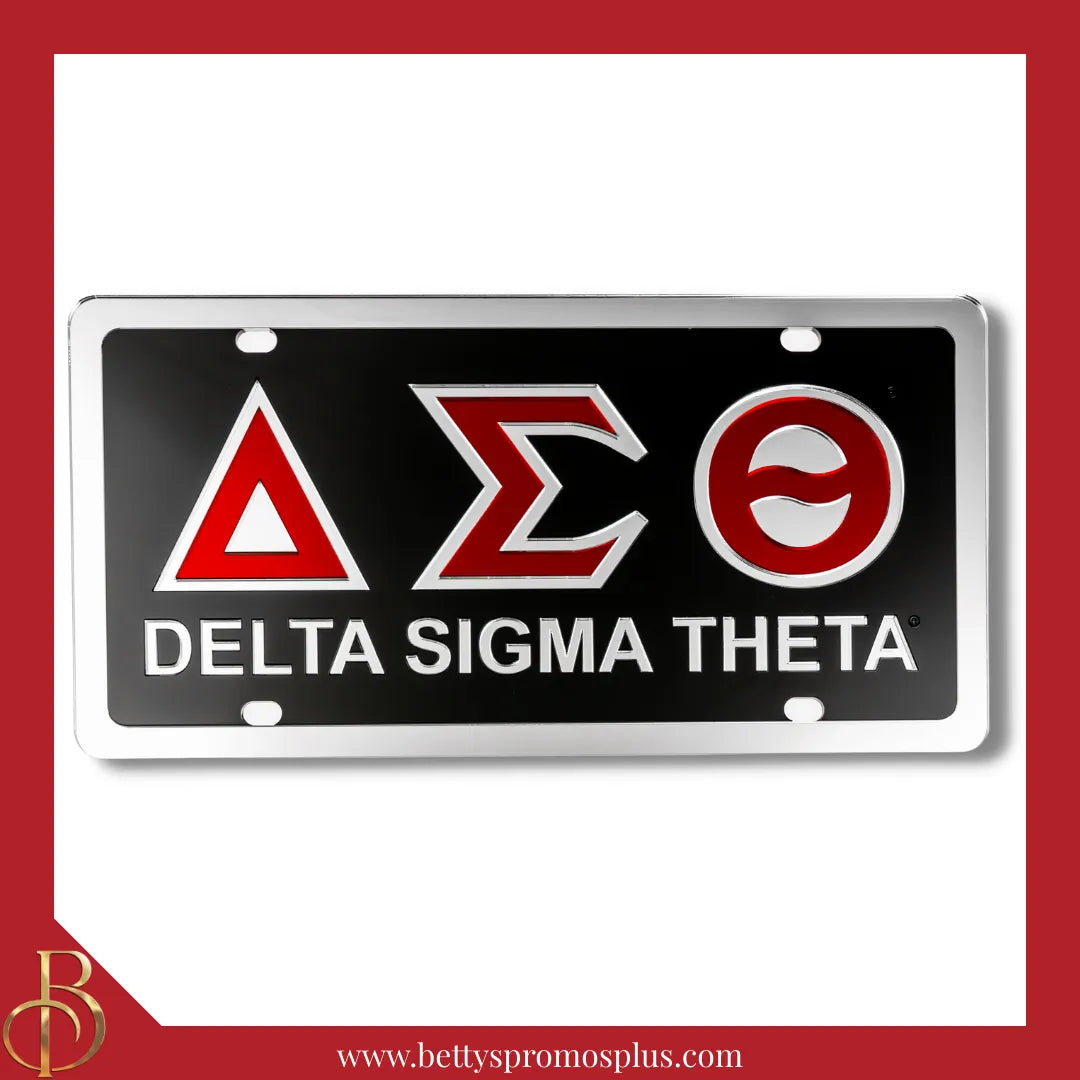 Delta Sigma Theta ΔΣΘ Laser Engraved Mirrored Acrylic Auto Tag License Plate-Black Background-Silver Letter Trim-Silver Trim-Delta Sigma Theta Paraphernalia-Delta Sigma Theta Auto Tag-Betty's Promos Plus