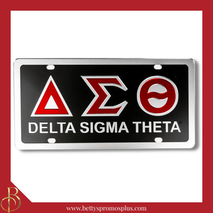 Delta Sigma Theta ΔΣΘ Laser Engraved Mirrored Acrylic Auto Tag License Plate-Black Background-Silver Letter Trim-Silver Trim-Delta Sigma Theta Paraphernalia-Delta Sigma Theta Auto Tag-Betty's Promos Plus