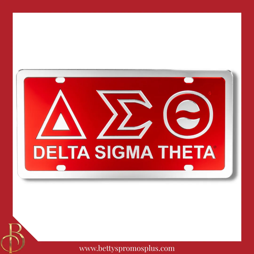 Delta Sigma Theta ΔΣΘ Laser Engraved Mirrored Acrylic Auto Tag License Plate-Red Background-Silver Letter Trim-Silver Trim-Delta Sigma Theta Paraphernalia-Delta Sigma Theta Auto Tag-Betty's Promos Plus