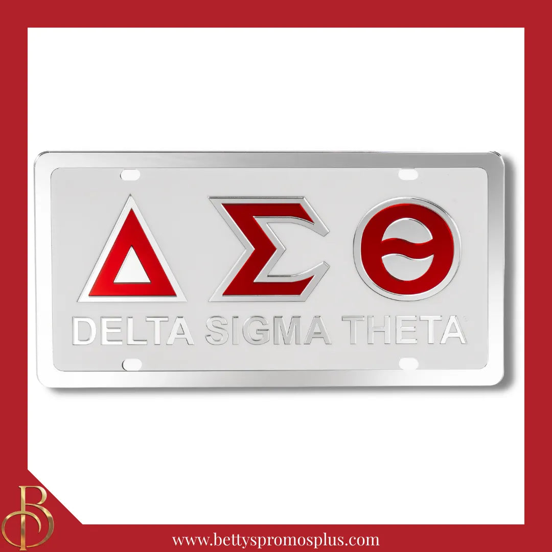 Delta Sigma Theta ΔΣΘ Laser Engraved Mirrored Acrylic Auto Tag License Plate-White Background-Delta Sigma Theta Paraphernalia-Delta Sigma Theta Auto Tag-Betty's Promos Plus