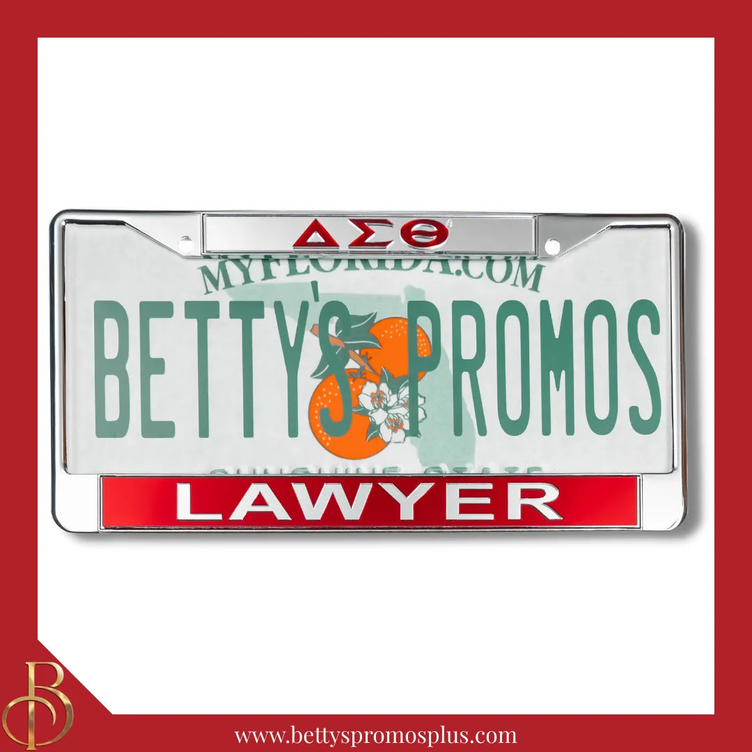 Delta Sigma Theta ΔΣΘ Lawyer Chrome Laser Engraved Mirrored Acrylic Auto Tag License Plate Frame-Silver Top-Red Bottom-Delta Sigma Theta Paraphernalia-Delta Sigma Theta Auto Tag Frame-Betty's Promos Plus