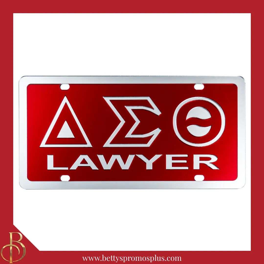 Delta Sigma Theta ΔΣΘ Lawyer Laser Engraved Mirrored Acrylic Auto Tag License Plate-Red Background-Silver Letter Trim-Delta Sigma Theta Paraphernalia-Delta Sigma Theta Auto Tag-Betty's Promos Plus