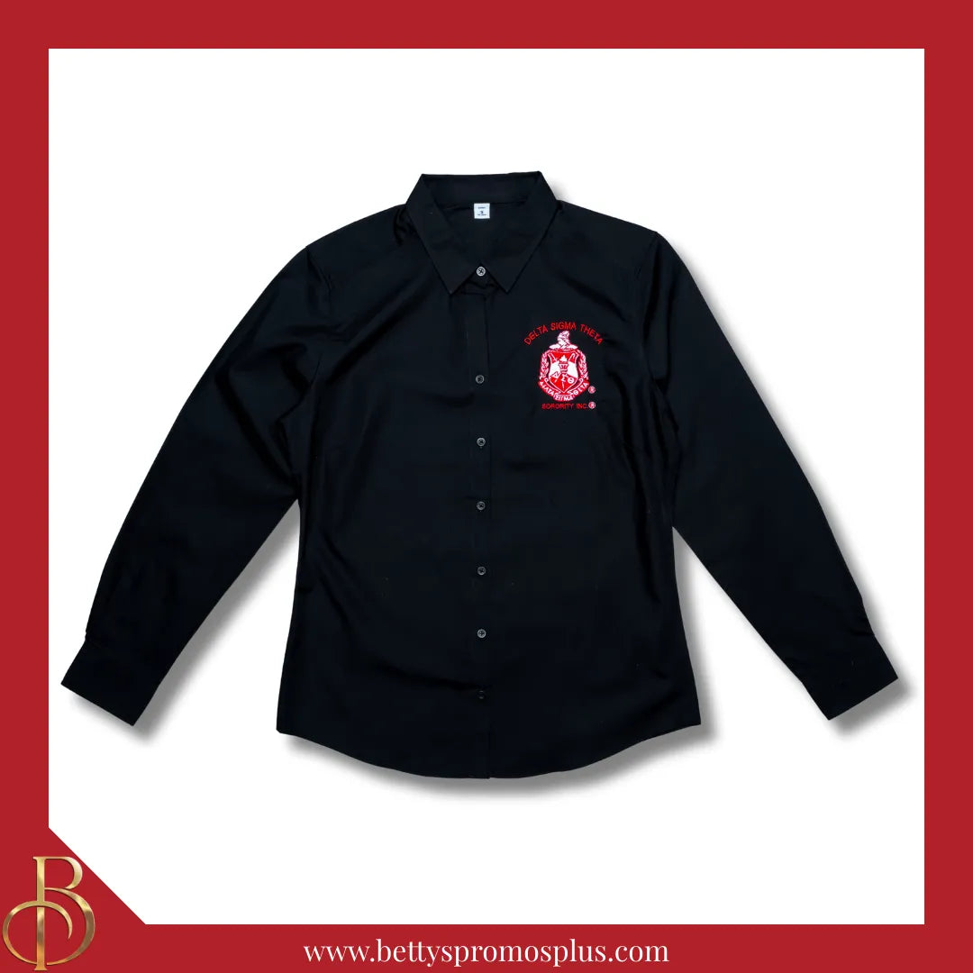 Delta Sigma Theta ΔΣΘ Long Sleeve Button-Up Poplin Shirt with Embroidered Shield-Black-X-Small-Delta Sigma Theta Paraphernalia-Delta Sigma Theta Button-Up Shirts-Betty's Promos Plus