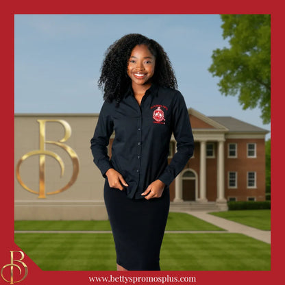 Delta Sigma Theta ΔΣΘ Long Sleeve Button-Up Poplin Shirt with Embroidered Shield-Delta Sigma Theta Paraphernalia-Delta Sigma Theta Button-Up Shirts-Betty's Promos Plus