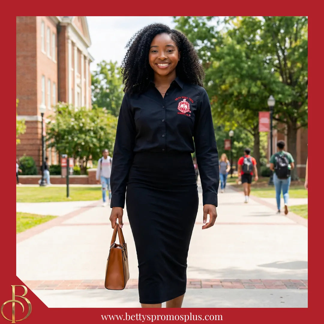 Delta Sigma Theta ΔΣΘ Long Sleeve Button-Up Poplin Shirt with Embroidered Shield-Delta Sigma Theta Paraphernalia-Delta Sigma Theta Button-Up Shirts-Betty's Promos Plus