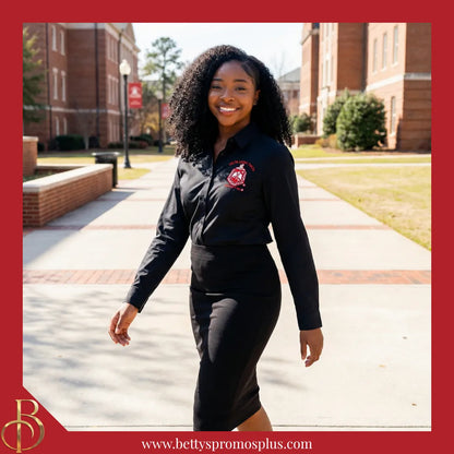 Delta Sigma Theta ΔΣΘ Long Sleeve Button-Up Poplin Shirt with Embroidered Shield-Delta Sigma Theta Paraphernalia-Delta Sigma Theta Button-Up Shirts-Betty's Promos Plus