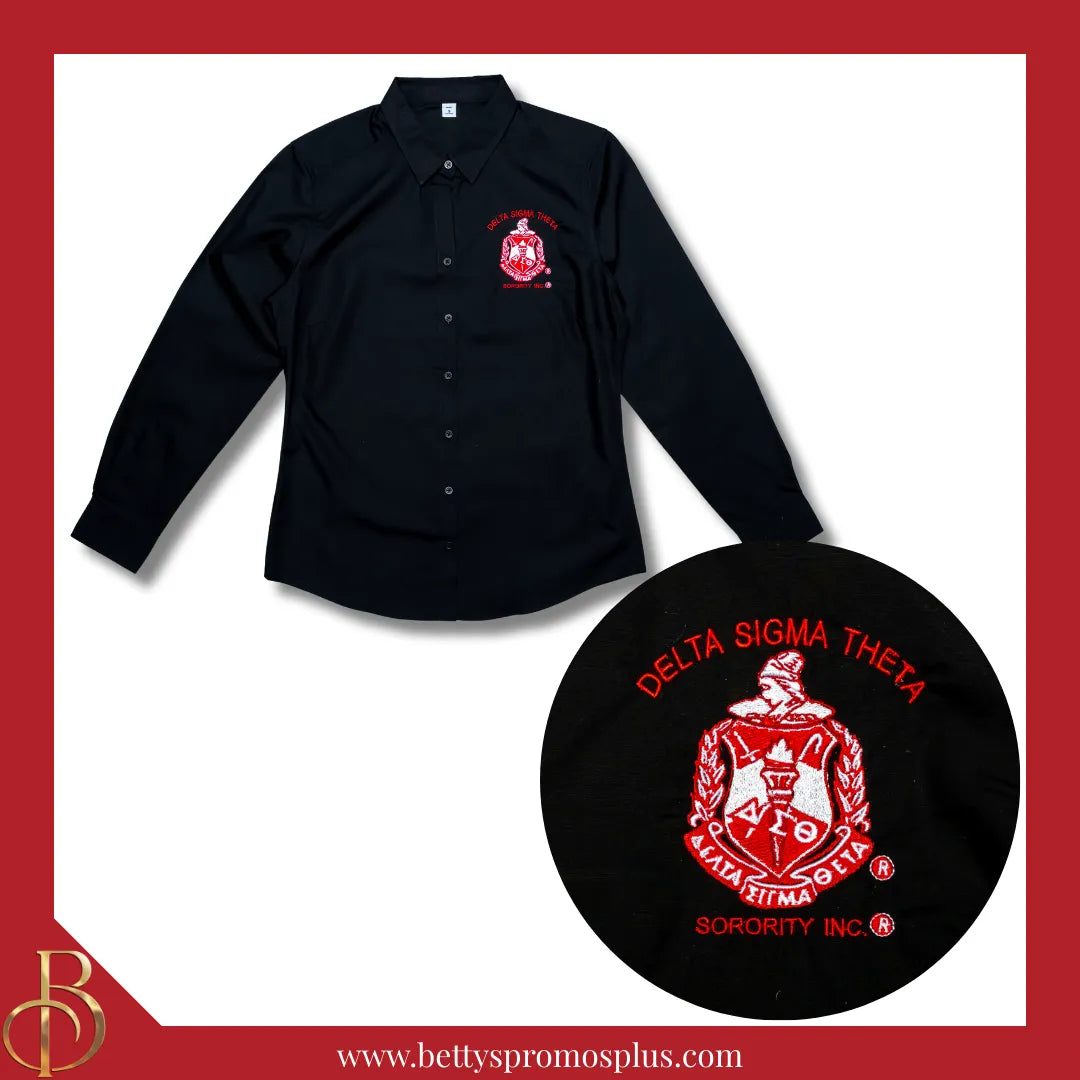 Delta Sigma Theta ΔΣΘ Long Sleeve Button-Up Poplin Shirt with Embroidered Shield-Delta Sigma Theta Paraphernalia-Delta Sigma Theta Button-Up Shirts-Betty's Promos Plus