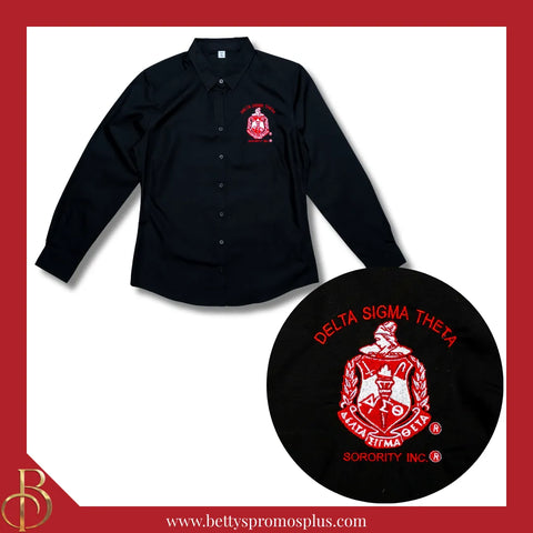 Delta Sigma Theta ΔΣΘ Long Sleeve Button-Up Poplin Shirt with Embroidered Shield-Delta Sigma Theta Paraphernalia-Delta Sigma Theta Button-Up Shirts-Betty's Promos Plus