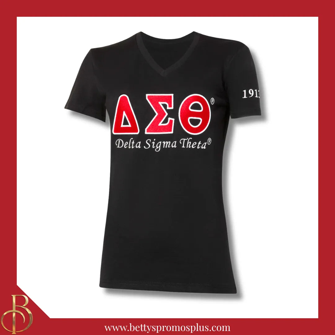 Delta Sigma Theta ΔΣΘ Luxury Embroidered T-Shirt with 1913 Sleeve-Black-Small-Delta Sigma Theta Paraphernalia-Delta Sigma Theta T-Shirts-Betty's Promos Plus