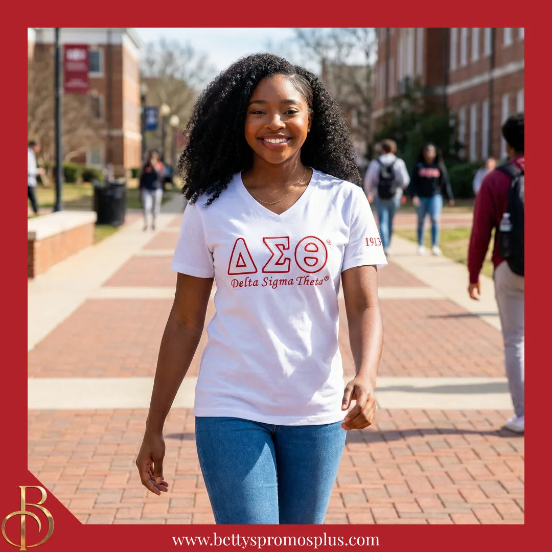 Delta Sigma Theta ΔΣΘ Luxury Embroidered T-Shirt with 1913 Sleeve-Delta Sigma Theta Paraphernalia-Delta Sigma Theta T-Shirts-Betty's Promos Plus