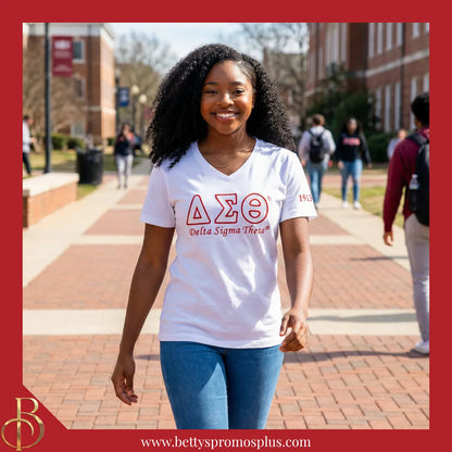 Delta Sigma Theta ΔΣΘ Luxury Embroidered T-Shirt with 1913 Sleeve-Delta Sigma Theta Paraphernalia-Delta Sigma Theta T-Shirts-Betty's Promos Plus