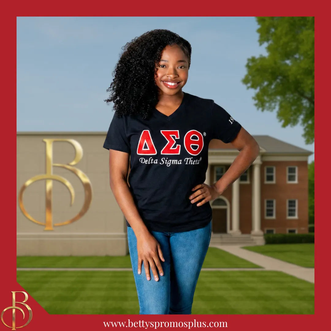 Delta Sigma Theta ΔΣΘ Luxury Embroidered T-Shirt with 1913 Sleeve-Delta Sigma Theta Paraphernalia-Delta Sigma Theta T-Shirts-Betty's Promos Plus