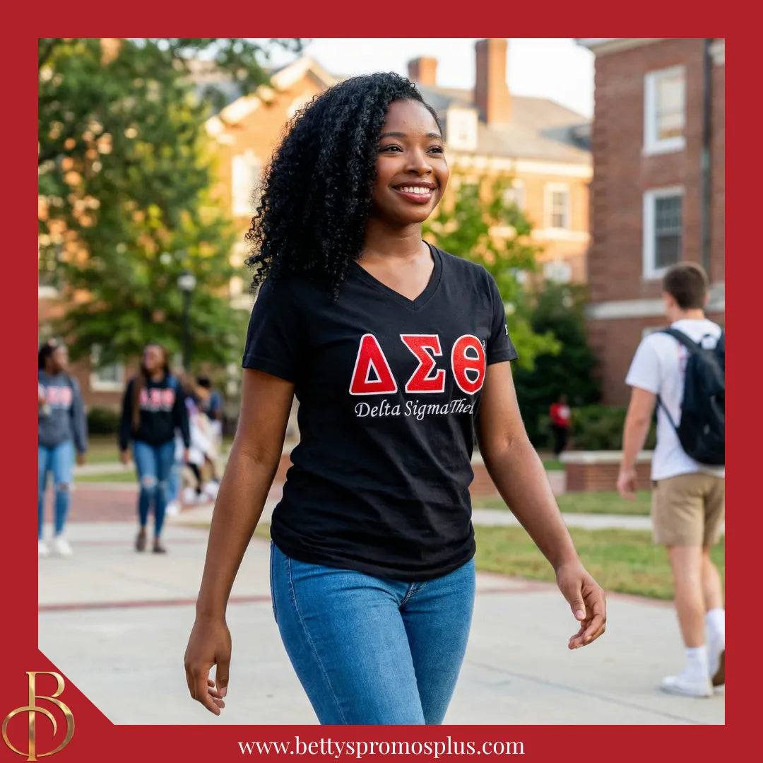 Delta Sigma Theta ΔΣΘ Luxury Embroidered T-Shirt with 1913 Sleeve-Delta Sigma Theta Paraphernalia-Delta Sigma Theta T-Shirts-Betty's Promos Plus