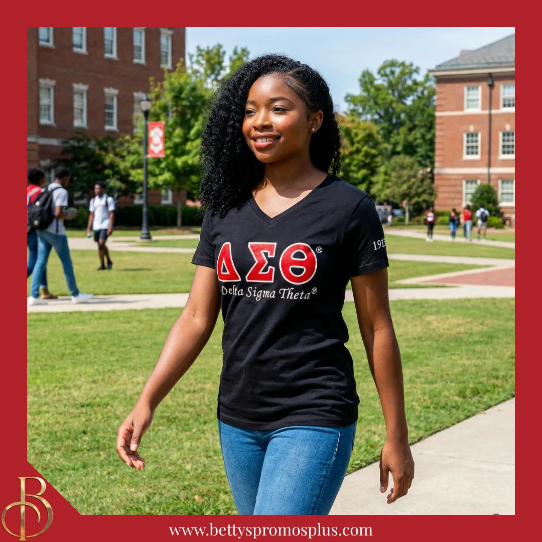 Delta Sigma Theta ΔΣΘ Luxury Embroidered T-Shirt with 1913 Sleeve-Delta Sigma Theta Paraphernalia-Delta Sigma Theta T-Shirts-Betty's Promos Plus