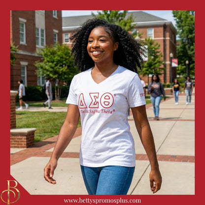Delta Sigma Theta ΔΣΘ Luxury Embroidered T-Shirt with 1913 Sleeve-Delta Sigma Theta Paraphernalia-Delta Sigma Theta T-Shirts-Betty's Promos Plus