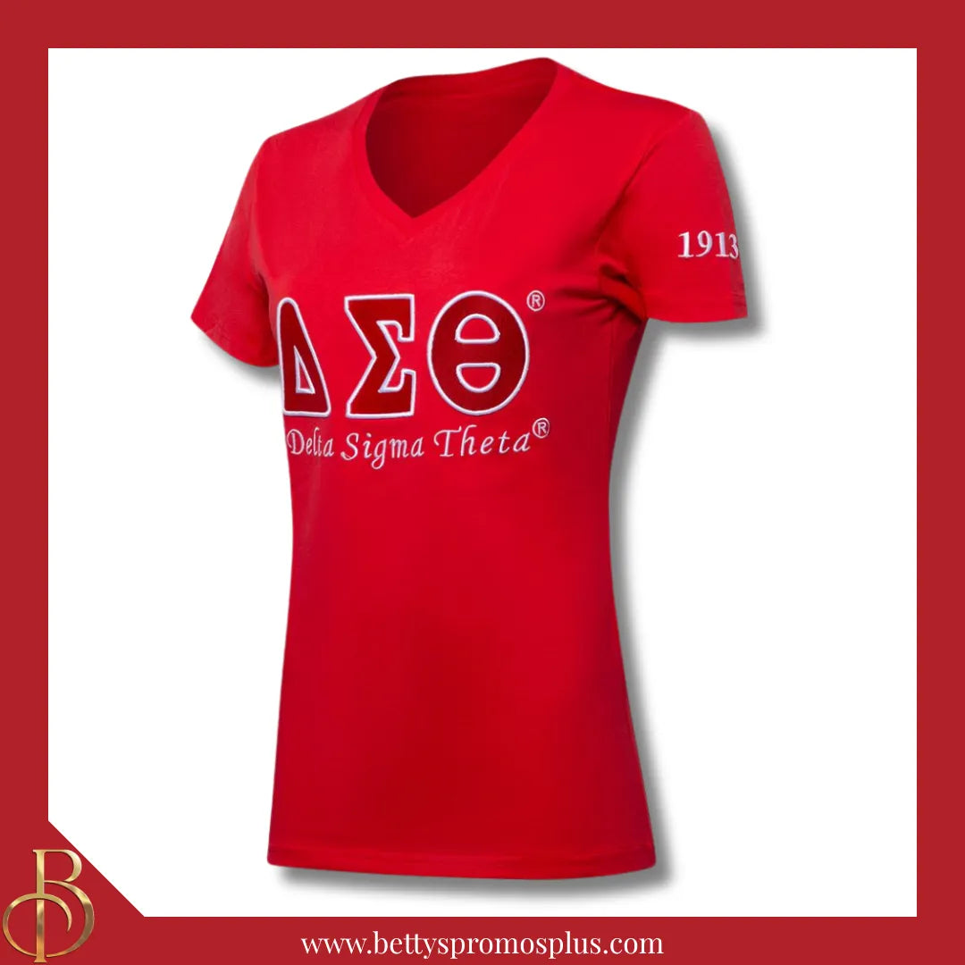 Delta Sigma Theta ΔΣΘ Luxury Embroidered T-Shirt with 1913 Sleeve-Red-Small-Delta Sigma Theta Paraphernalia-Delta Sigma Theta T-Shirts-Betty's Promos Plus