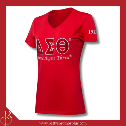 Delta Sigma Theta ΔΣΘ Luxury Embroidered T-Shirt with 1913 Sleeve-Red-Small-Delta Sigma Theta Paraphernalia-Delta Sigma Theta T-Shirts-Betty's Promos Plus