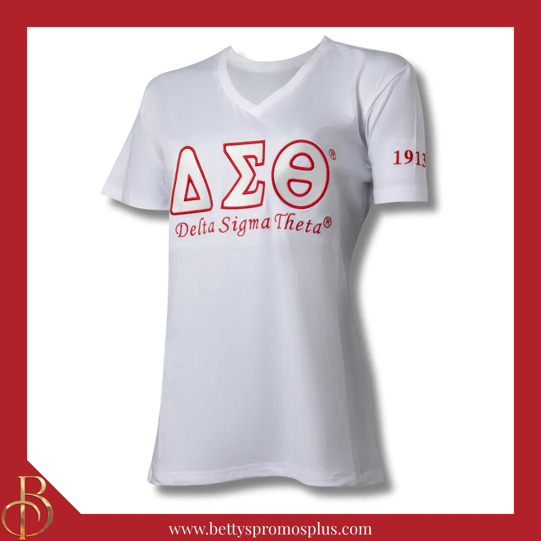 Delta Sigma Theta ΔΣΘ Luxury Embroidered T-Shirt with 1913 Sleeve-White-Small-Delta Sigma Theta Paraphernalia-Delta Sigma Theta T-Shirts-Betty's Promos Plus