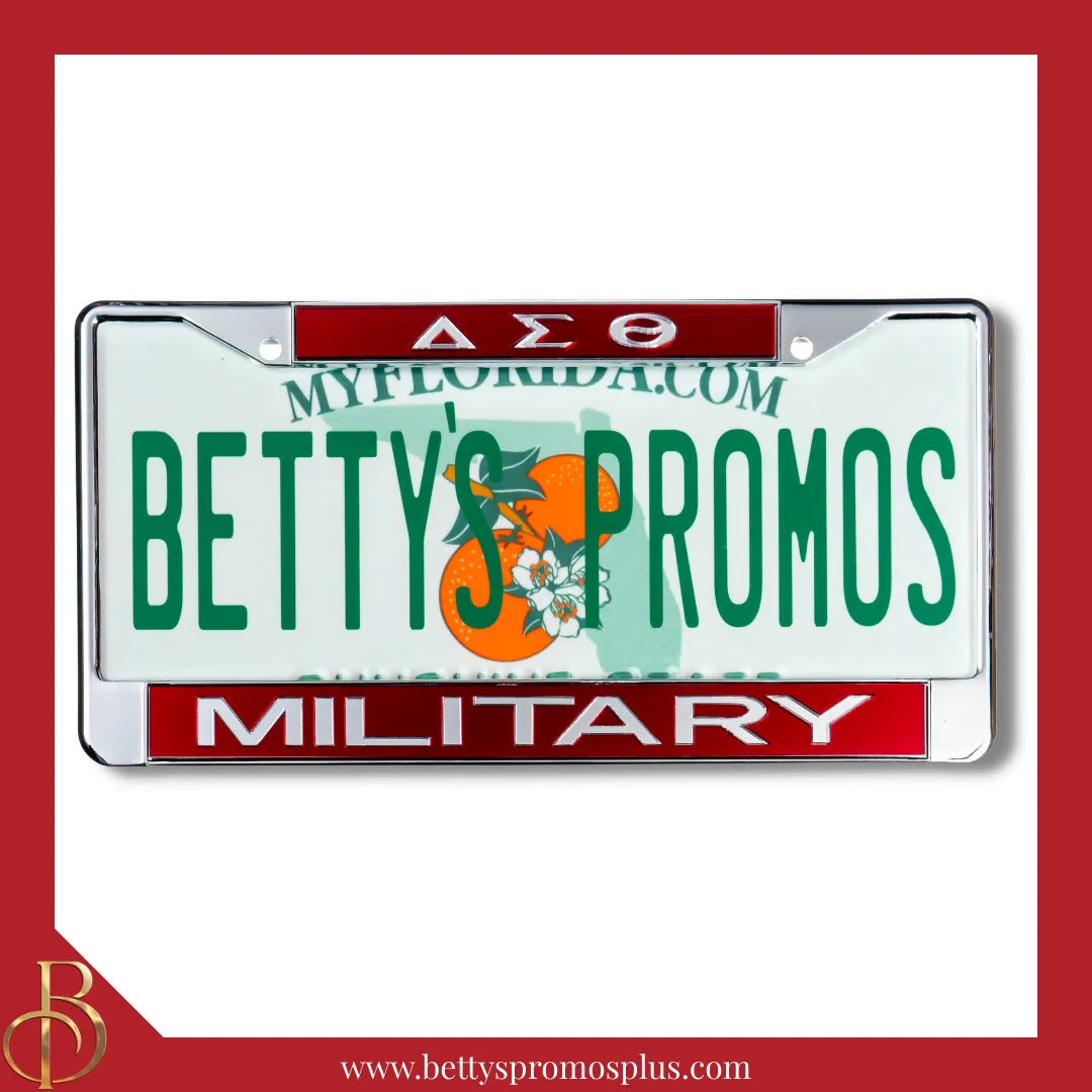 Delta Sigma Theta ΔΣΘ Military Chrome Laser Engraved Mirrored Acrylic Auto Tag License Plate Frame-Red Top-Red Bottom-Delta Sigma Theta Paraphernalia-Delta Sigma Theta Auto Tag Frame-Betty's Promos Plus