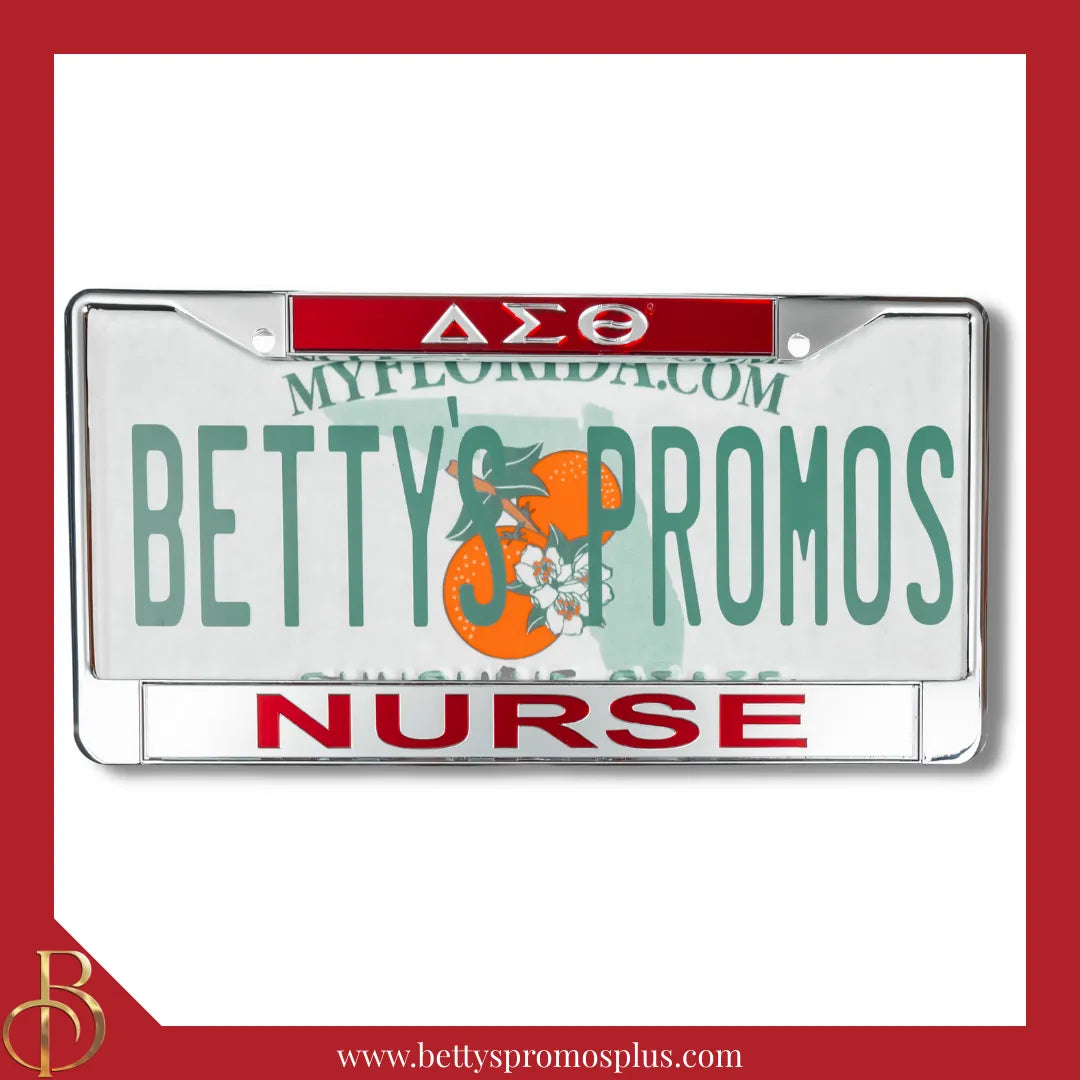 Delta Sigma Theta ΔΣΘ Nurse Chrome Laser Engraved Mirrored Acrylic Auto Tag License Plate Frame-Red Top-Silver Bottom-Delta Sigma Theta Paraphernalia-Delta Sigma Theta Auto Tag Frame-Betty's Promos Plus
