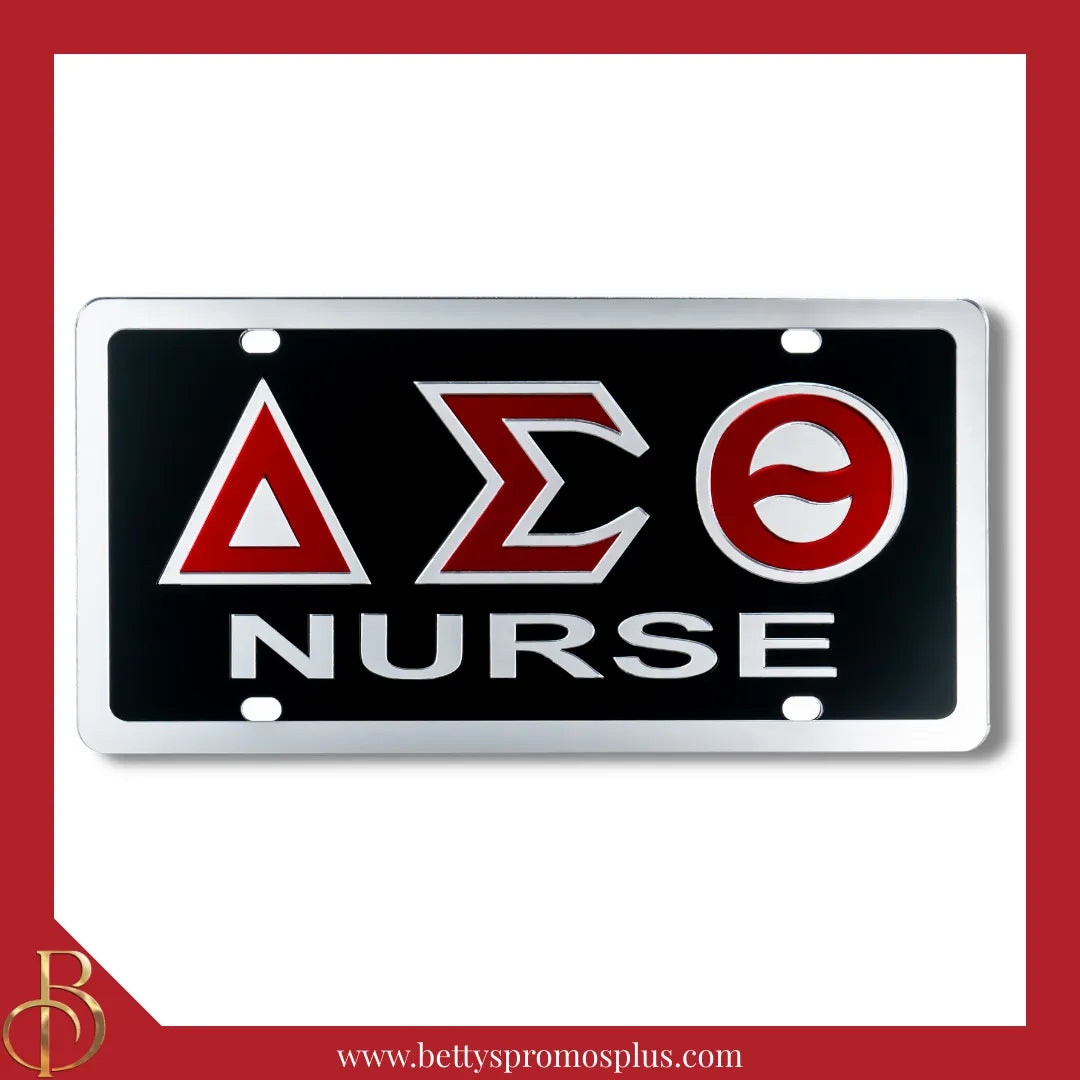 Delta Sigma Theta ΔΣΘ Nurse Laser Engraved Mirrored Acrylic Auto Tag License Plate-Black Background-Silver Trim-Delta Sigma Theta Paraphernalia-Delta Sigma Theta Auto Tag-Betty's Promos Plus