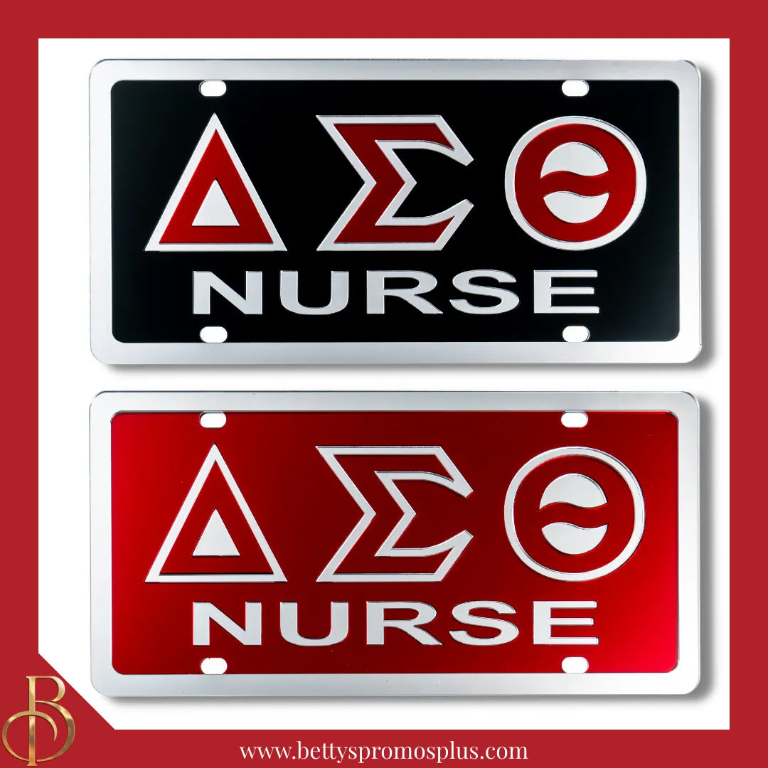 Delta Sigma Theta ΔΣΘ Nurse Laser Engraved Mirrored Acrylic Auto Tag License Plate-Delta Sigma Theta Paraphernalia-Delta Sigma Theta Auto Tag-Betty's Promos Plus