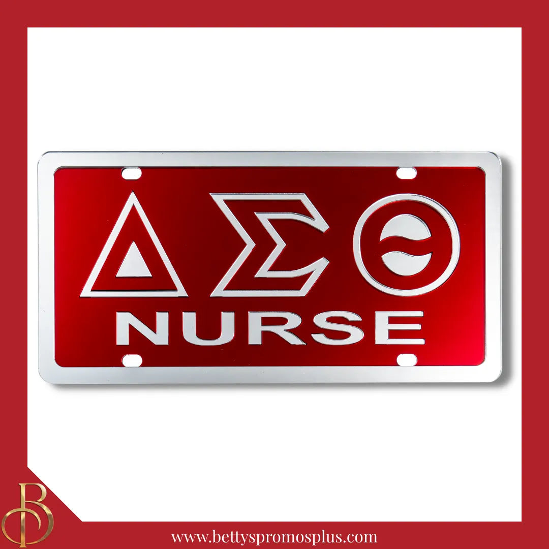 Delta Sigma Theta ΔΣΘ Nurse Laser Engraved Mirrored Acrylic Auto Tag License Plate-Red Background-Silver Trim-Delta Sigma Theta Paraphernalia-Delta Sigma Theta Auto Tag-Betty's Promos Plus