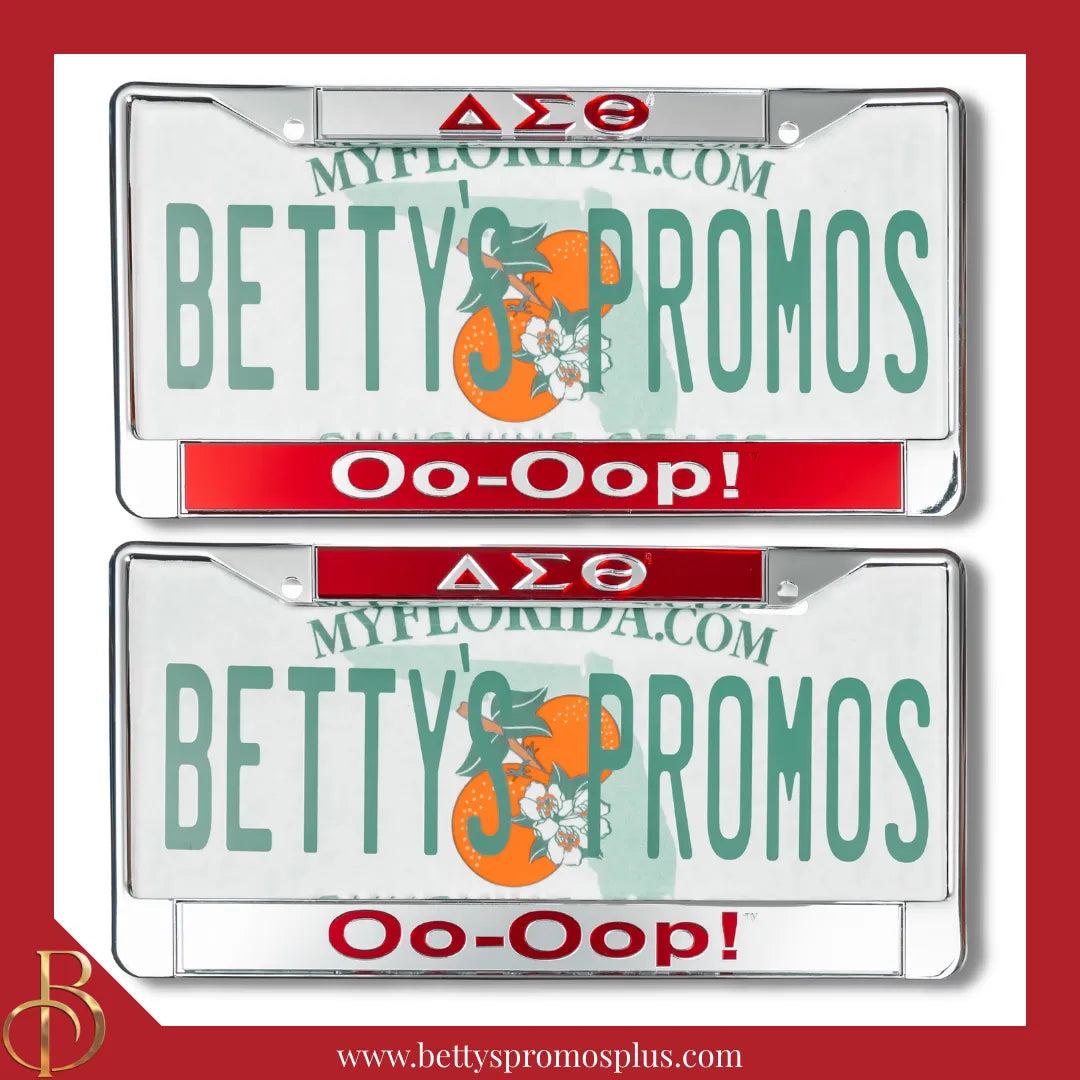 Delta Sigma Theta ΔΣΘ Oo-Oop! Chrome Laser Engraved Mirrored Acrylic Auto Tag License Plate Frame-Delta Sigma Theta Paraphernalia-Delta Sigma Theta Auto Tag Frame-Betty's Promos Plus