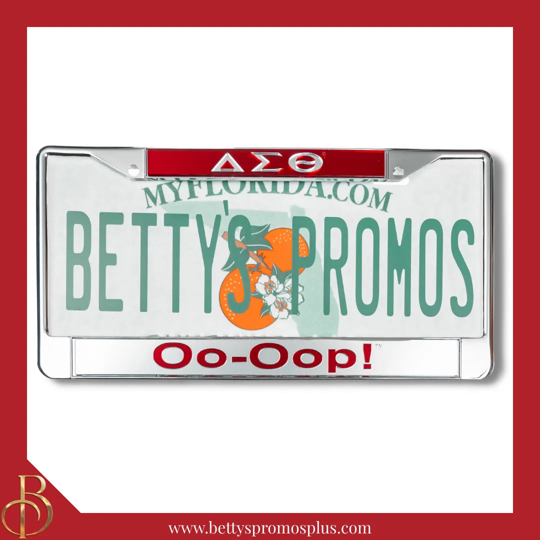 Delta Sigma Theta ΔΣΘ Oo-Oop! Chrome Laser Engraved Mirrored Acrylic Auto Tag License Plate Frame-Red Top-Silver Bottom-Delta Sigma Theta Paraphernalia-Delta Sigma Theta Auto Tag Frame-Betty's Promos Plus