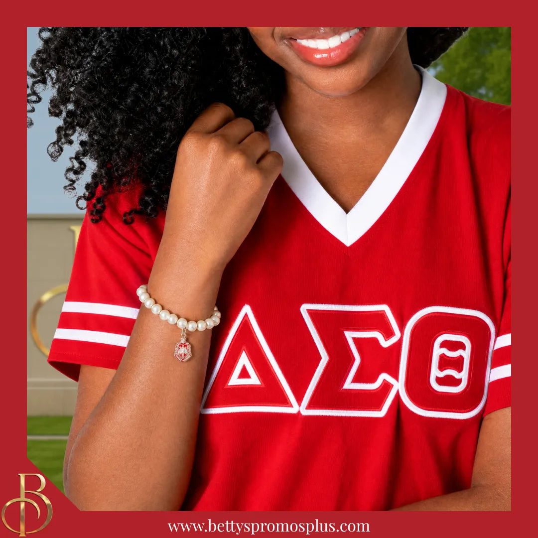 Delta Sigma Theta ΔΣΘ Pearl Bracelet with Shield Charm-Delta Sigma Theta Paraphernalia-Delta Sigma Theta Bracelet-Betty's Promos Plus