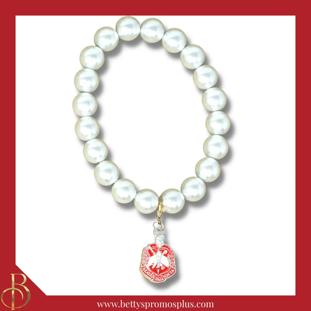 Delta Sigma Theta ΔΣΘ Pearl Bracelet with Shield Charm-White-Delta Sigma Theta Paraphernalia-Delta Sigma Theta Bracelet-Betty's Promos Plus