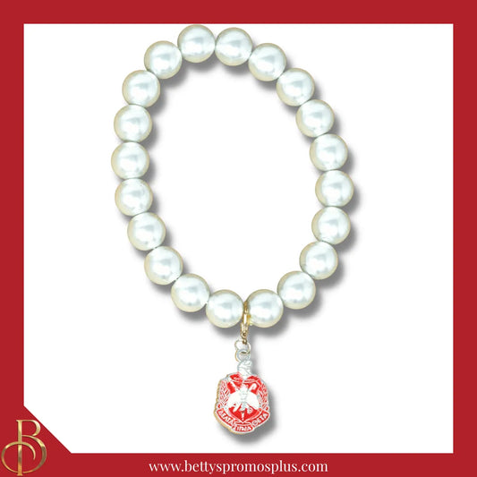 Delta Sigma Theta ΔΣΘ Pearl Bracelet with Shield Charm-White-Delta Sigma Theta Paraphernalia-Delta Sigma Theta Bracelet-Betty's Promos Plus