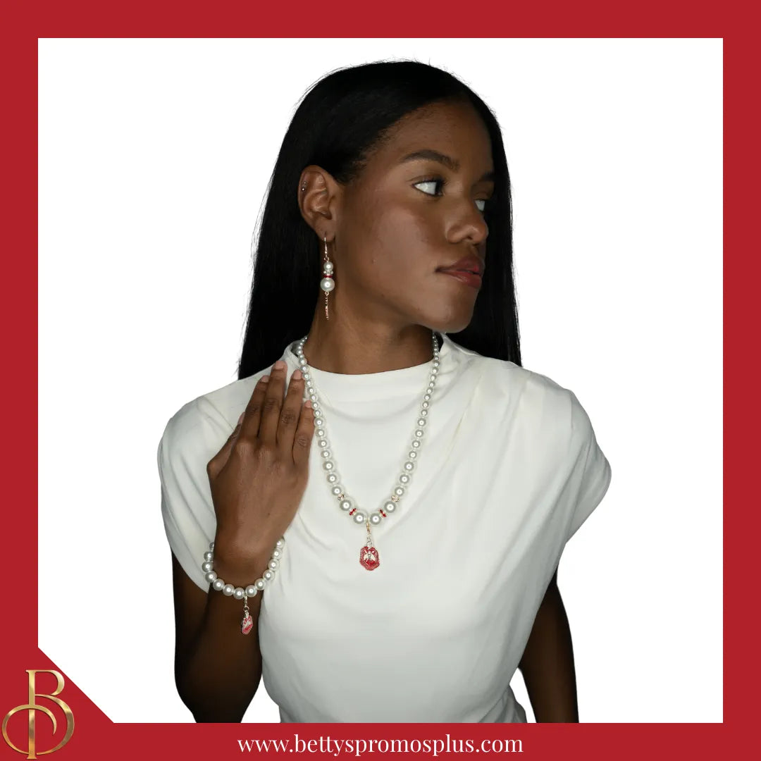 Delta Sigma Theta ΔΣΘ Pearl Necklace with Shield Charm-Delta Sigma Theta Paraphernalia-Delta Sigma Theta Necklace-Betty's Promos Plus