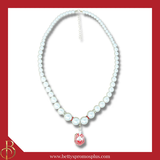Delta Sigma Theta ΔΣΘ Pearl Necklace with Shield Charm-Delta Sigma Theta Paraphernalia-Delta Sigma Theta Necklace-Betty's Promos Plus
