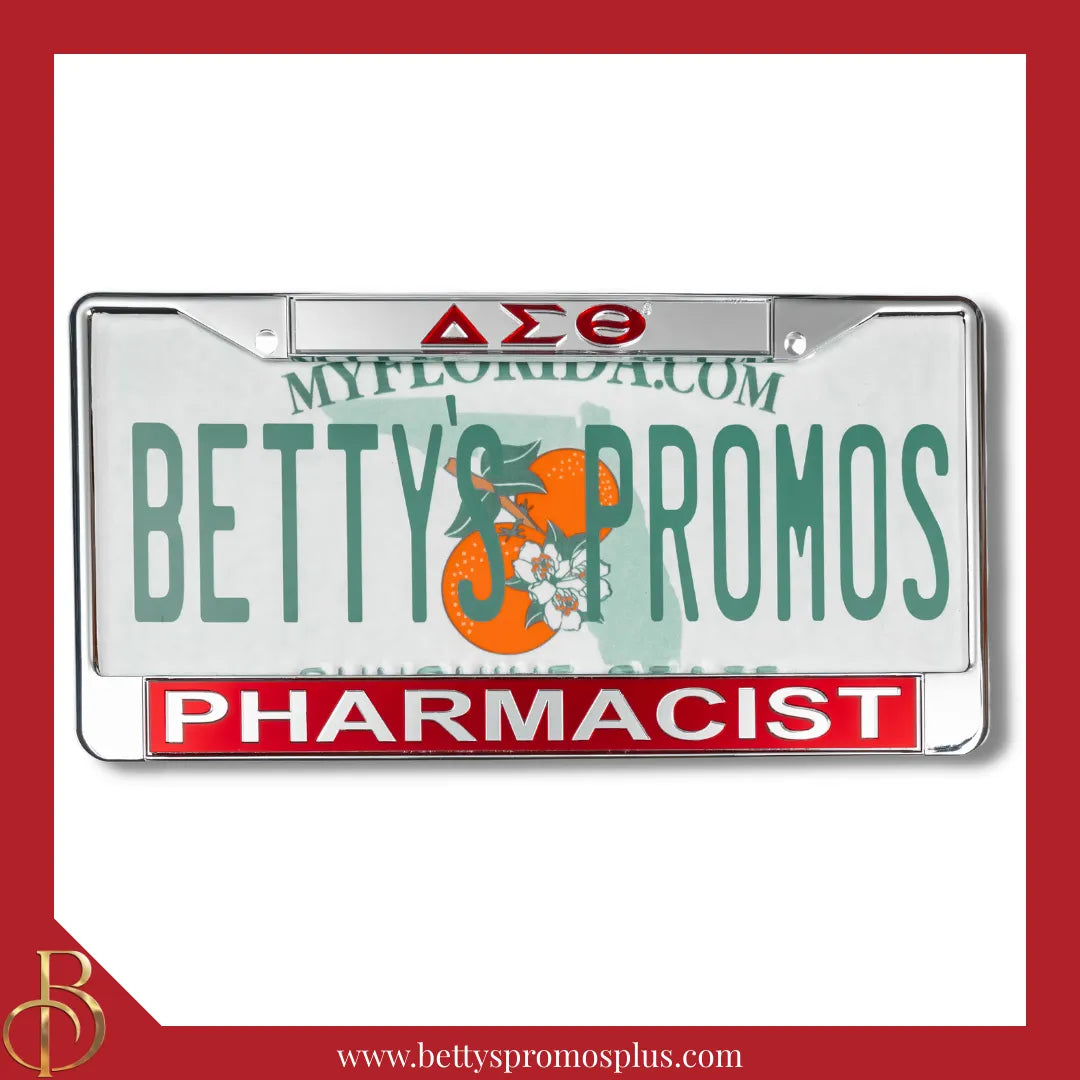 Delta Sigma Theta ΔΣΘ Pharmacist Chrome Laser Engraved Mirrored Acrylic Auto Tag License Plate Frame-Red Bottom-Delta Sigma Theta Paraphernalia-Delta Sigma Theta Auto Tag Frame-Betty's Promos Plus