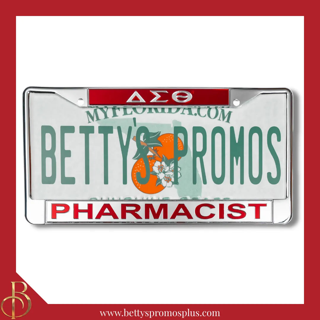 Delta Sigma Theta ΔΣΘ Pharmacist Chrome Laser Engraved Mirrored Acrylic Auto Tag License Plate Frame-Silver Bottom-Delta Sigma Theta Paraphernalia-Delta Sigma Theta Auto Tag Frame-Betty's Promos Plus