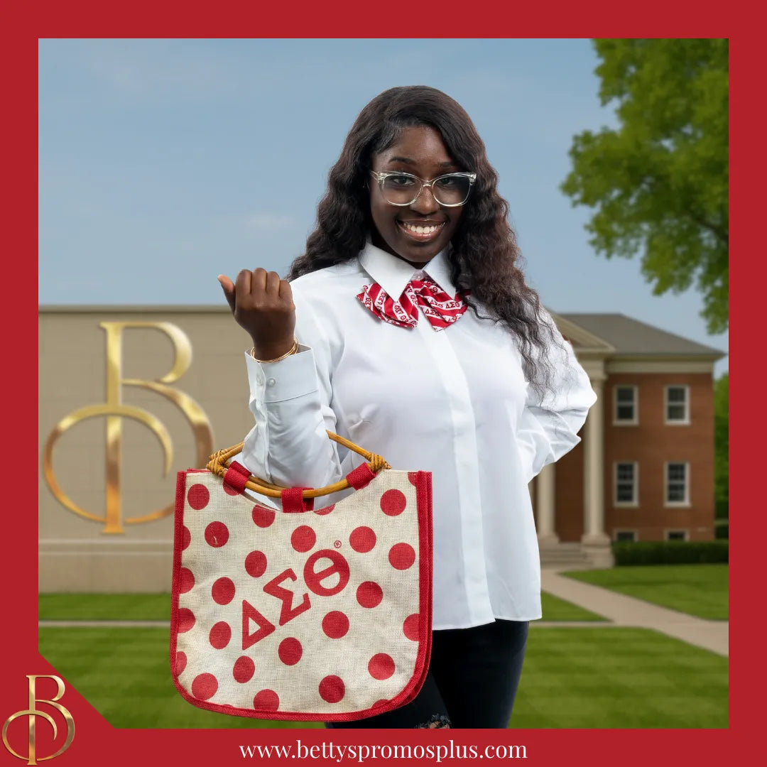 Delta Sigma Theta ΔΣΘ Polka Dot Sorority Jute Bag-Delta Sigma Theta Paraphernalia-Delta Sigma Theta Purses-Betty's Promos Plus