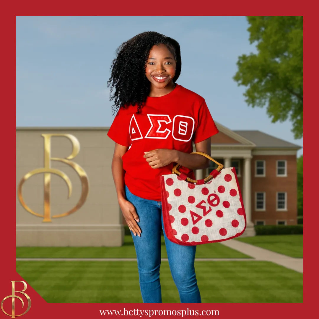 Delta Sigma Theta ΔΣΘ Polka Dot Sorority Jute Bag-Delta Sigma Theta Paraphernalia-Delta Sigma Theta Purses-Betty's Promos Plus