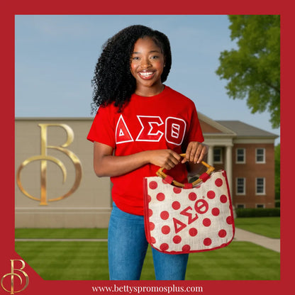 Delta Sigma Theta ΔΣΘ Polka Dot Sorority Jute Bag-Delta Sigma Theta Paraphernalia-Delta Sigma Theta Purses-Betty's Promos Plus