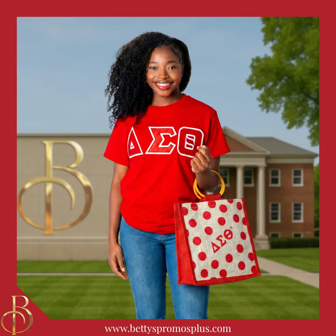 Delta Sigma Theta ΔΣΘ Polka Dots Mini Jute Bag-Delta Sigma Theta Paraphernalia-Delta Sigma Theta Purses-Betty's Promos Plus