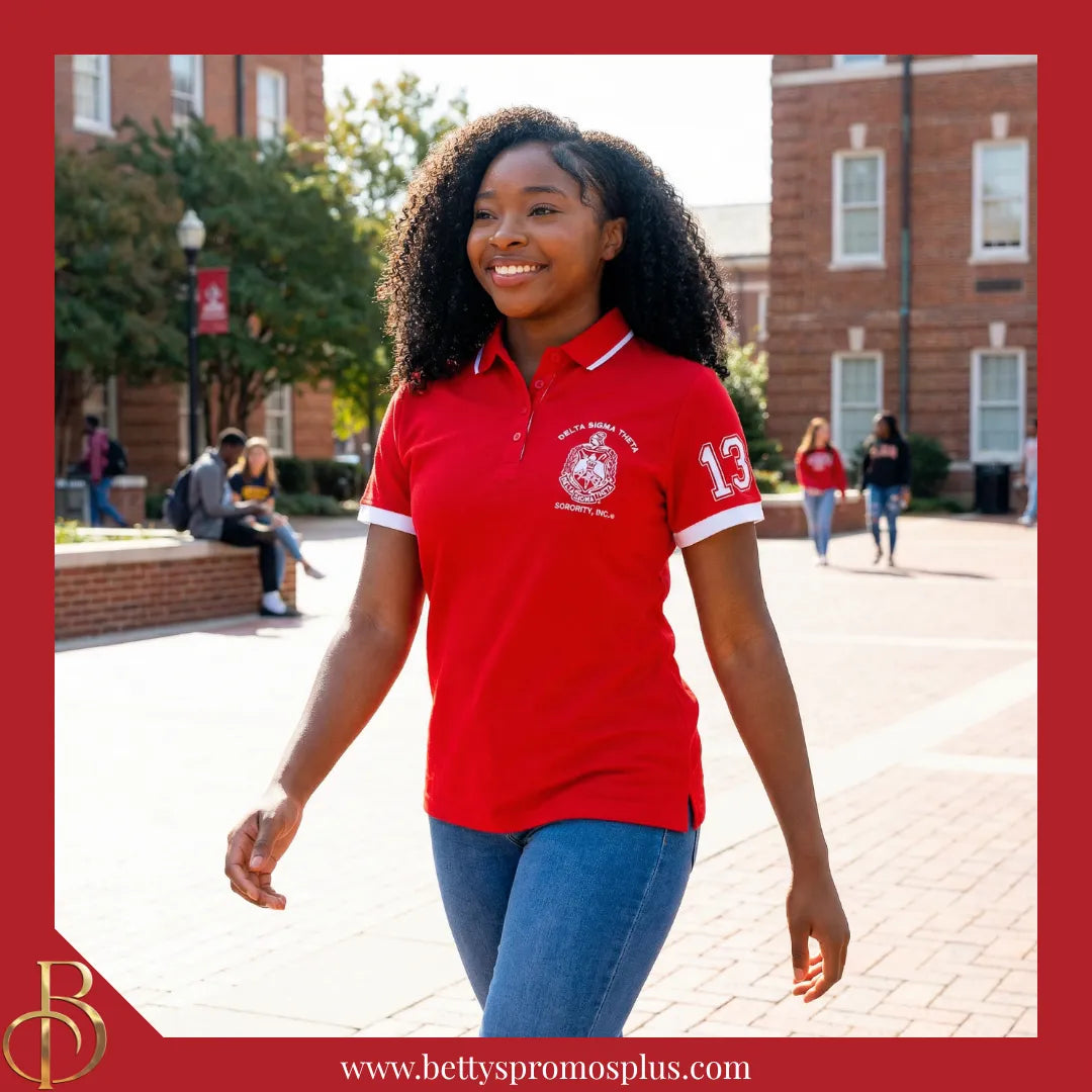 Delta Sigma Theta ΔΣΘ Polo Shirt Embroidered with Shield and 13 Sleeve-Alpha Kappa Alpha Paraphernalia-Alpha Kappa Alpha Polo Shirt-Betty's Promos Plus