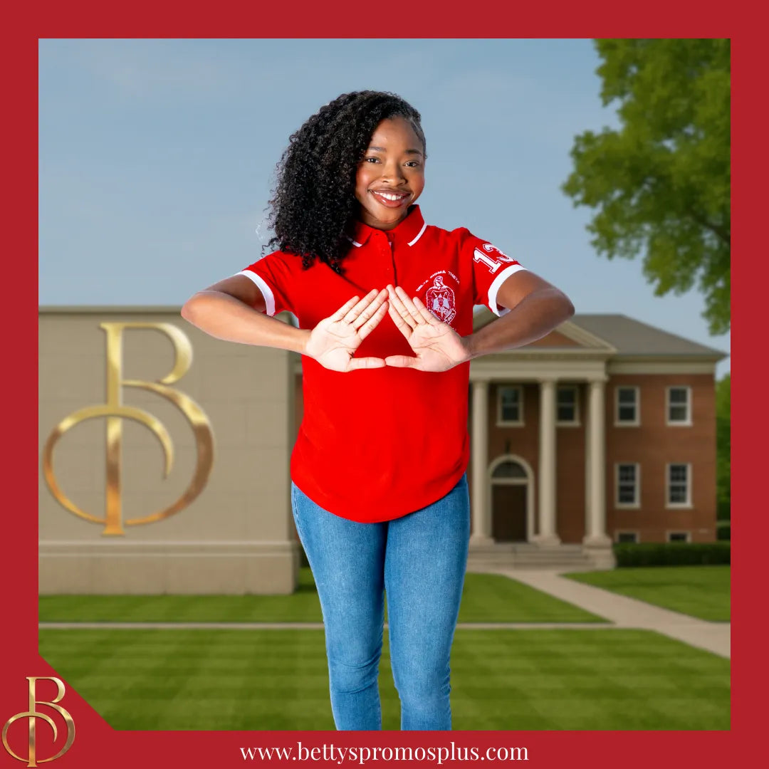 Delta Sigma Theta ΔΣΘ Polo Shirt Embroidered with Shield and 13 Sleeve-Alpha Kappa Alpha Paraphernalia-Alpha Kappa Alpha Polo Shirt-Betty's Promos Plus