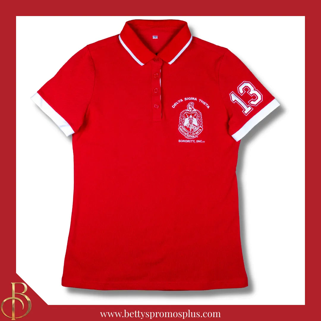 Delta Sigma Theta ΔΣΘ Polo Shirt Embroidered with Shield and 13 Sleeve-Delta Sigma Theta Paraphernalia-Delta Sigma Theta Polo Shirt-Betty's Promos Plus