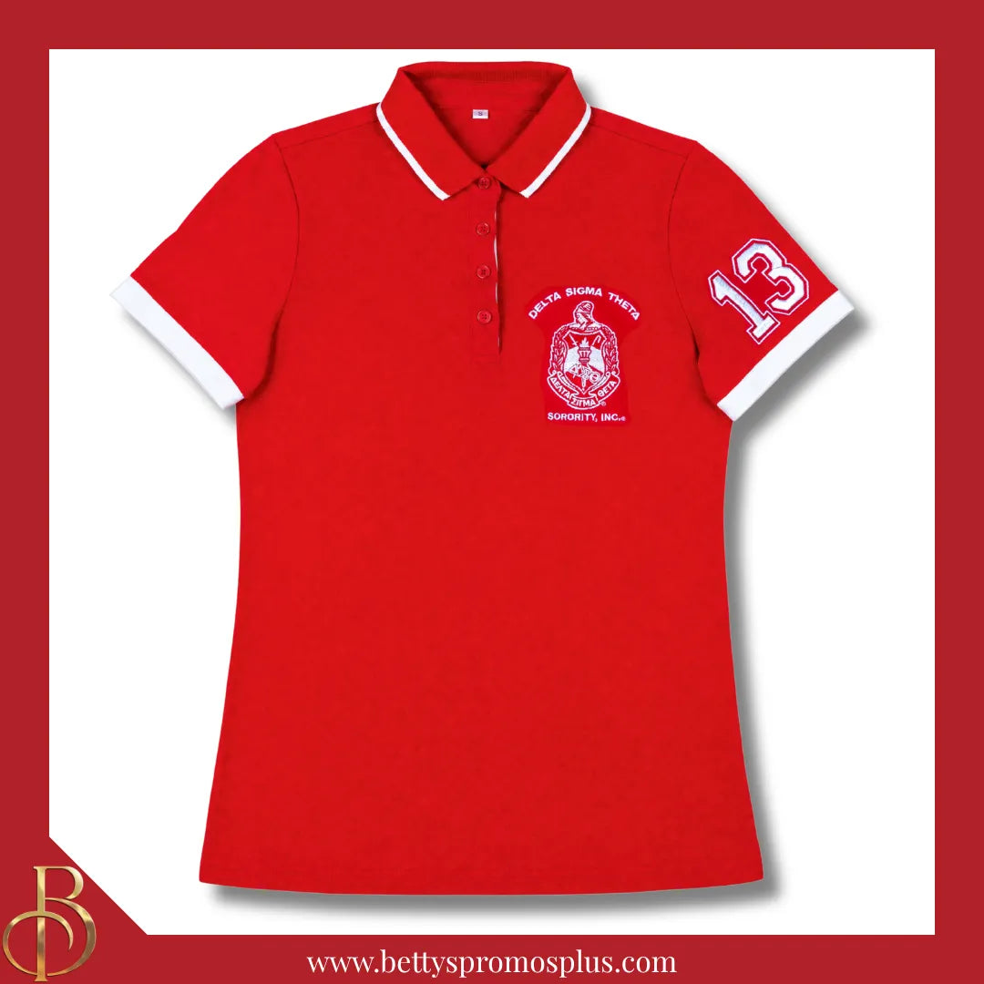 Delta Sigma Theta ΔΣΘ Polo Shirt Embroidered with Shield and 13 Sleeve-Red-X-Small-Alpha Kappa Alpha Paraphernalia-Alpha Kappa Alpha Polo Shirt-Betty's Promos Plus