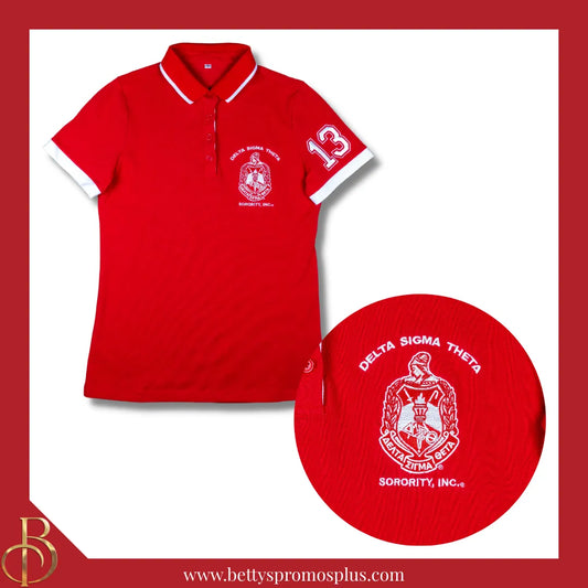 Delta Sigma Theta ΔΣΘ Polo Shirt Embroidered with Shield and 13 Sleeve-Red-X-Small-Alpha Kappa Alpha Paraphernalia-Alpha Kappa Alpha Polo Shirt-Betty's Promos Plus