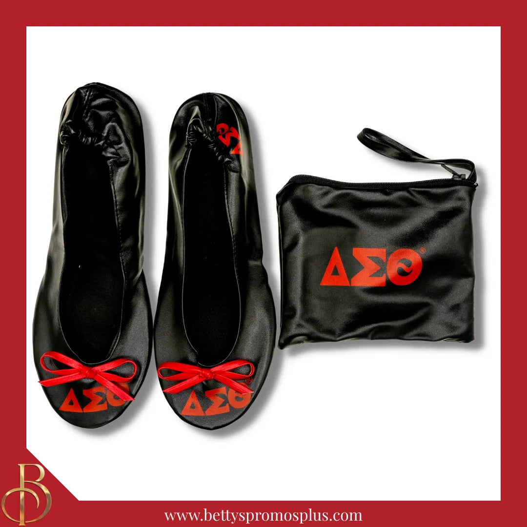Delta Sigma Theta ΔΣΘ Printed Foldable Ballet Flats with Carrying Case-Black-X-Small US 5.5-Delta Sigma Theta Paraphernalia-Delta Sigma Theta Ballet Flats-Betty's Promos Plus